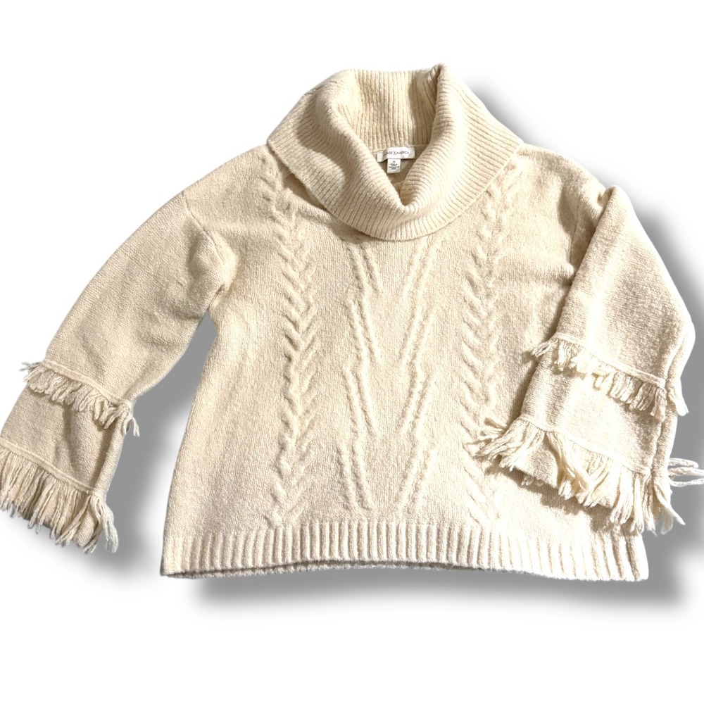 Vintage America Women Ivory Cable Knit Cowl Neck Fringe Sleeve Sweater Size M